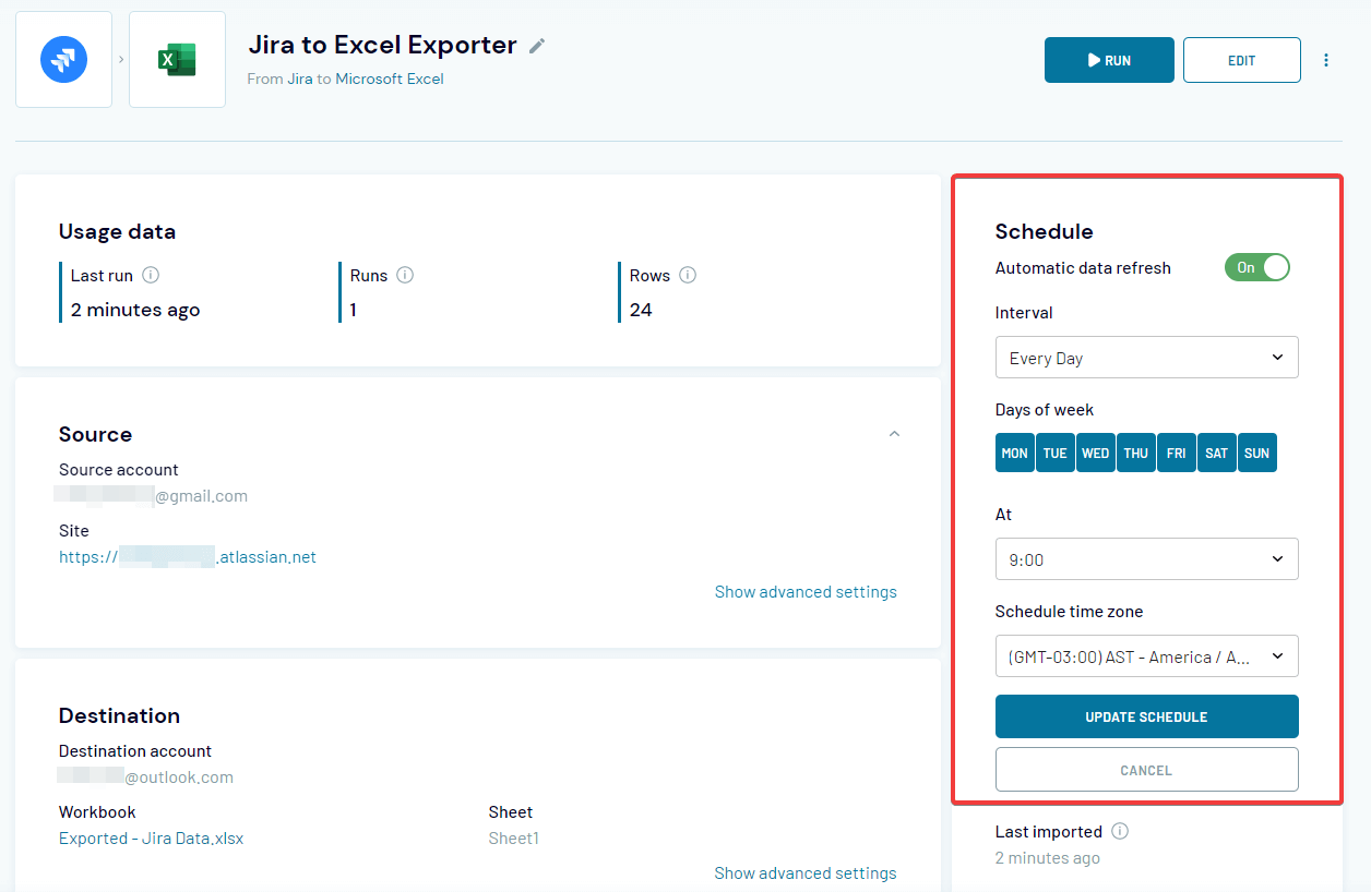 Configurações de programação do jira export to excel