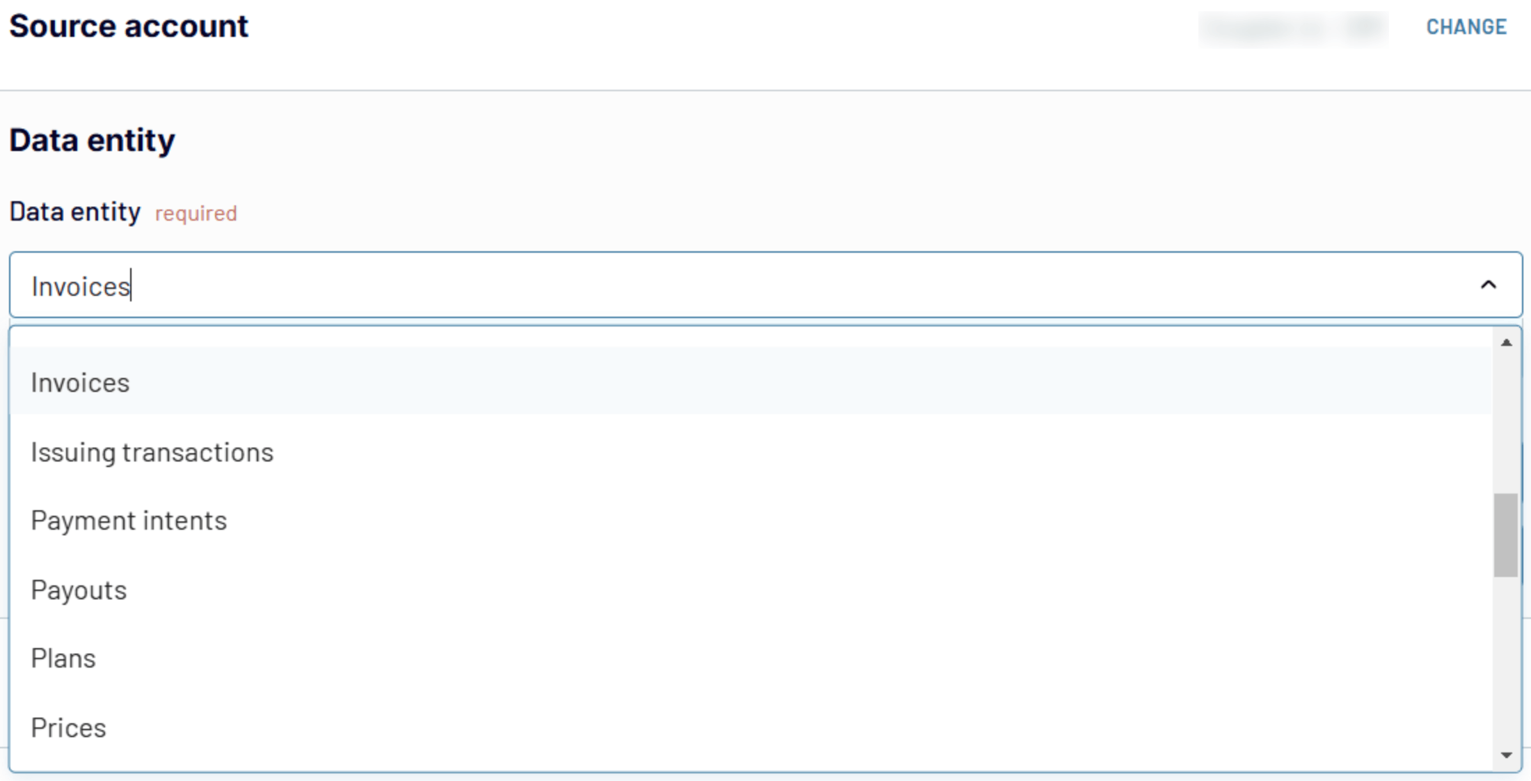 Lista desplegable de entidades de datos