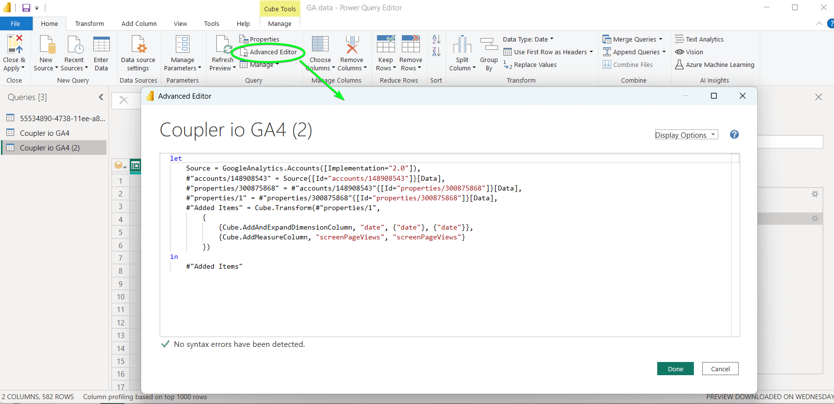 Editor de consultas avançadas do Power BI Google Analytics