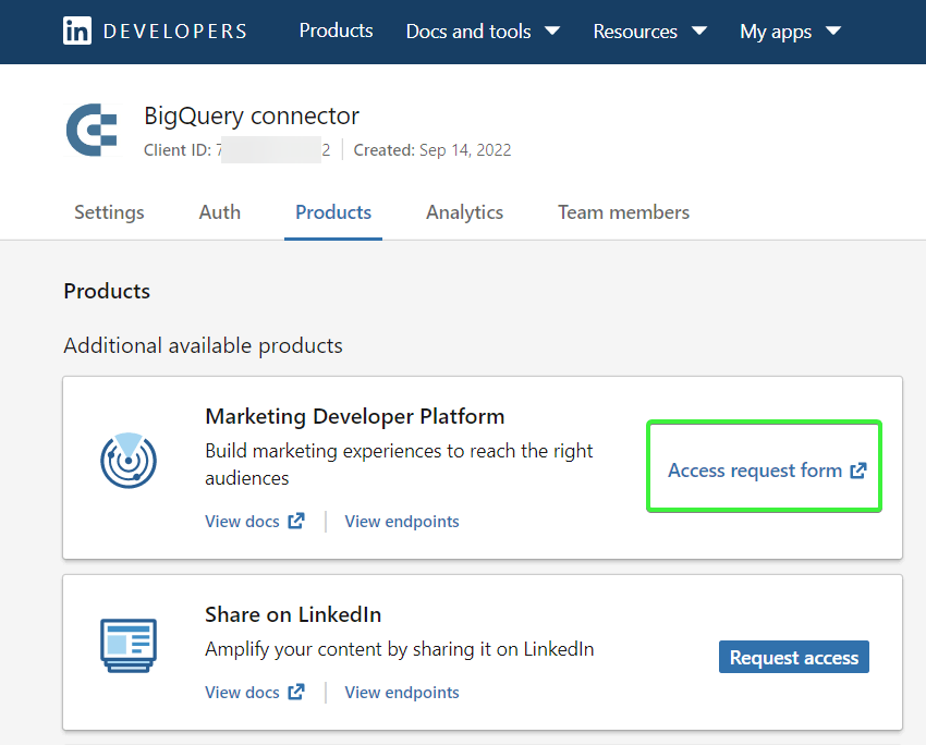 enlace al formulario de solicitud de la plataforma para desarrolladores de linkedin app marketing