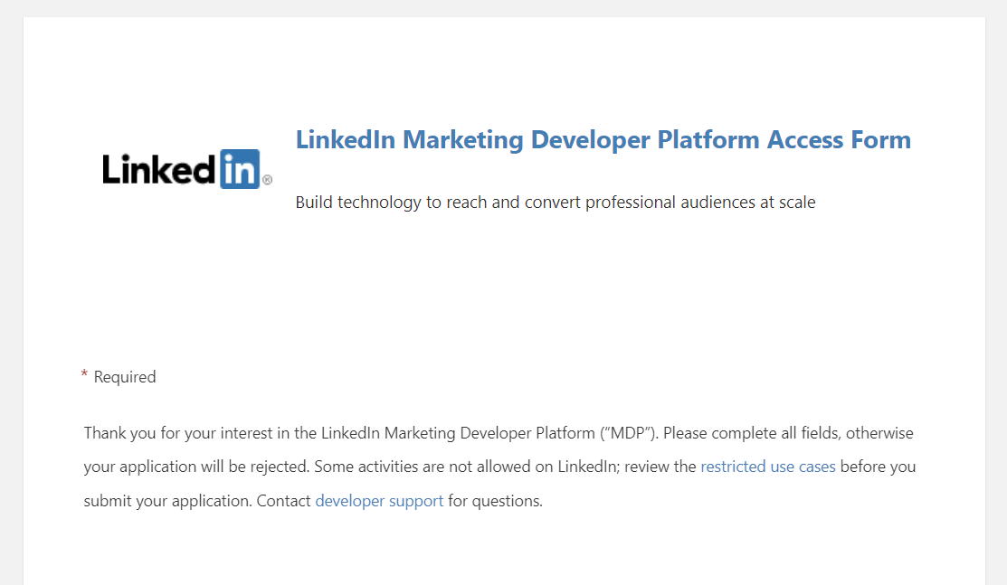 formulario de solicitud de plataforma para desarrolladores de linkedin app marketing