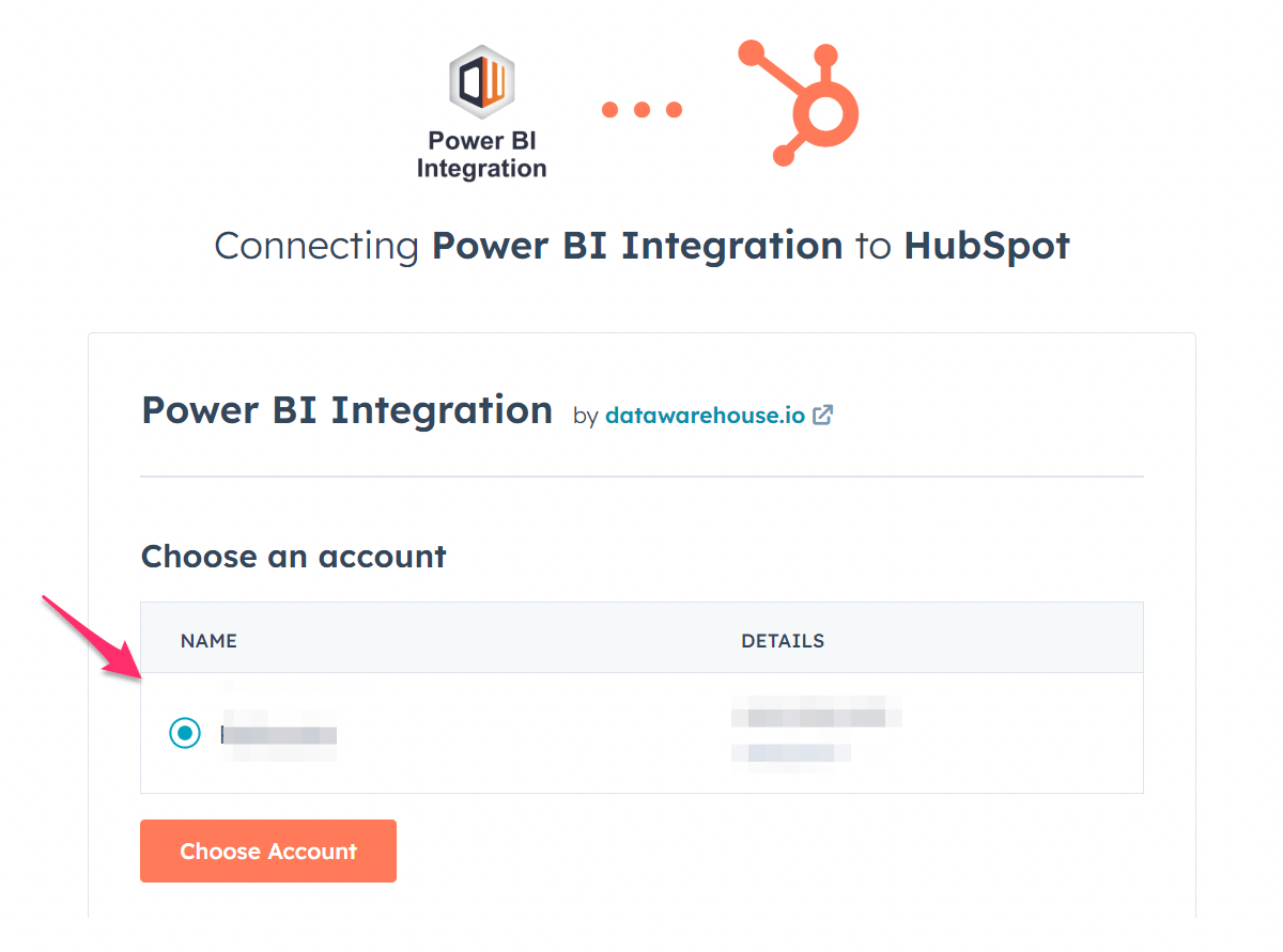 datawarehouseio choisir le compte hubspot pour le connecteur powerbi