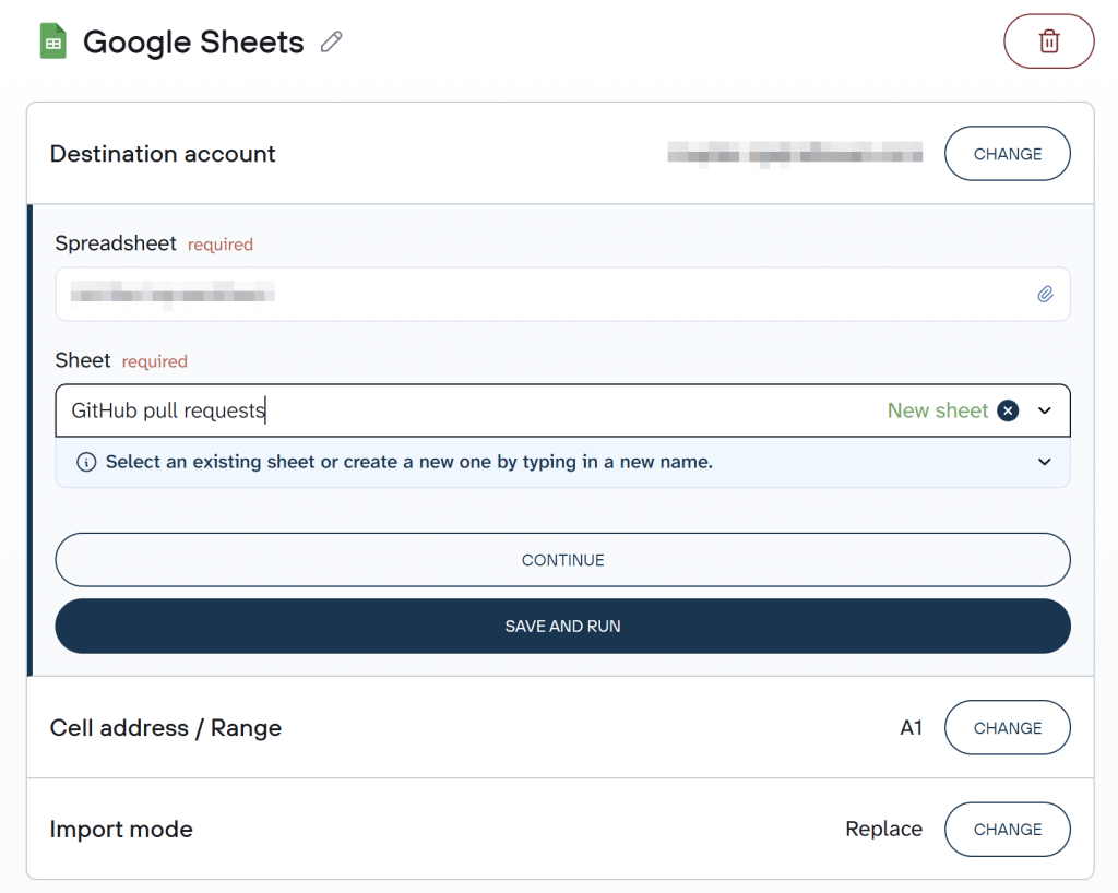 5 Google Sheets destination configuration settings screen