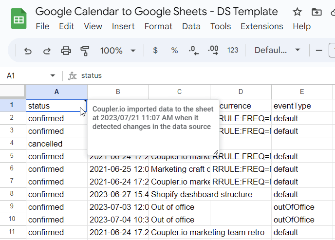 3.3 google calendar dans google sheets