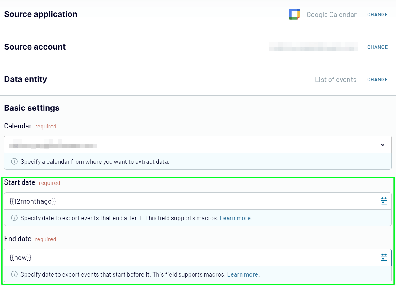 configuración del panel de control de google calendar