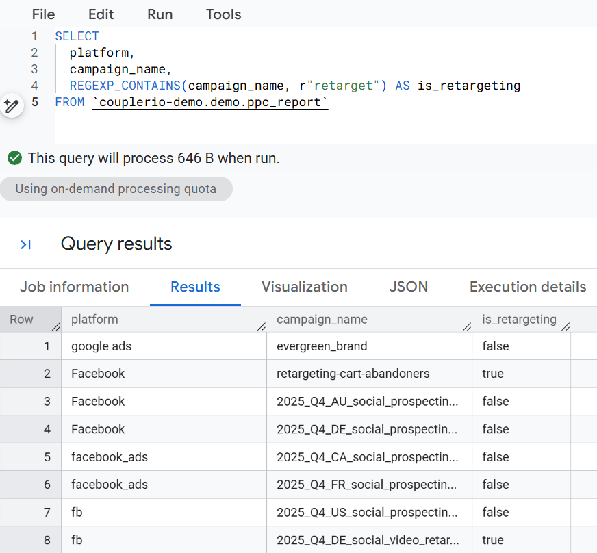 3.REGEXP CONTAINS word bigquery example