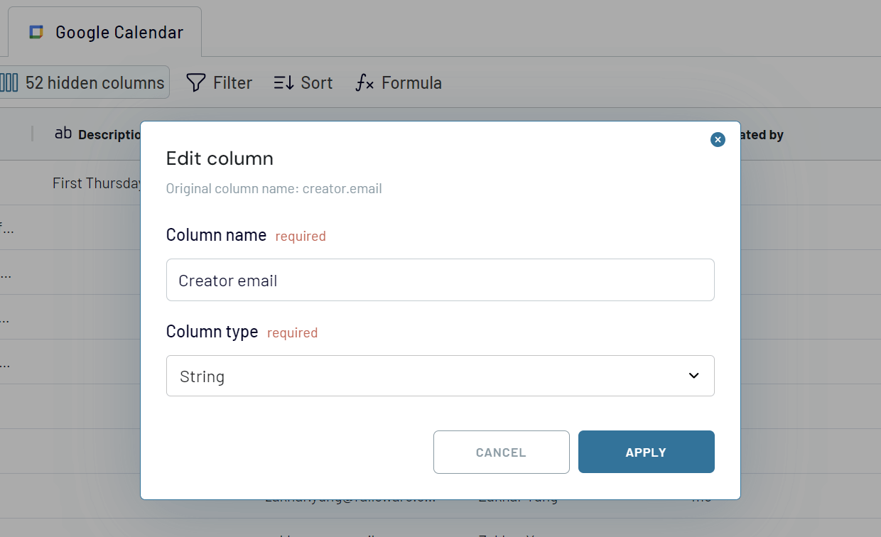 google calendar coupler editar nombre de columna