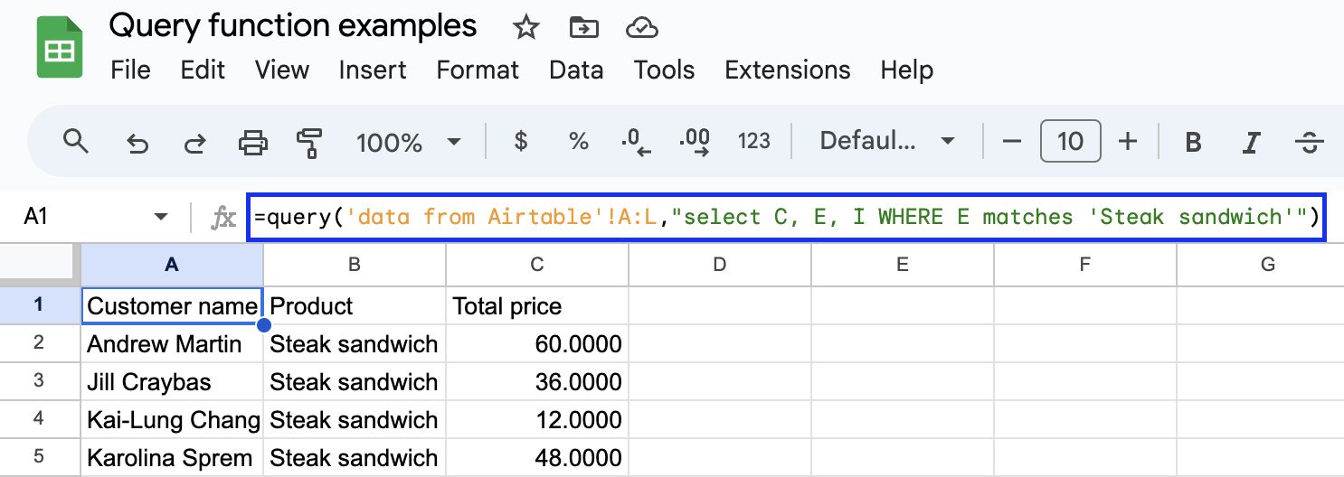 Ejemplo de búsqueda de coincidencias en Google Sheets