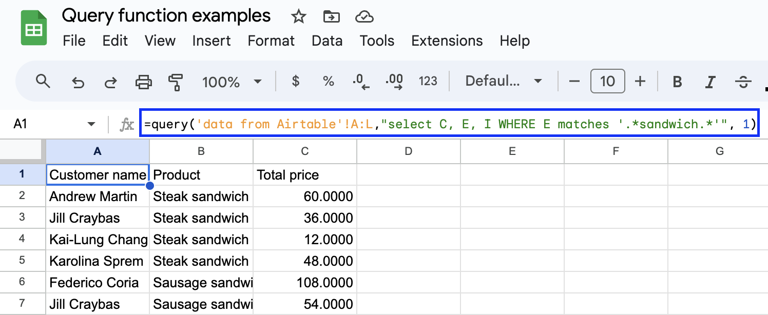 Ejemplo de búsqueda de coincidencias en Google Sheets 2