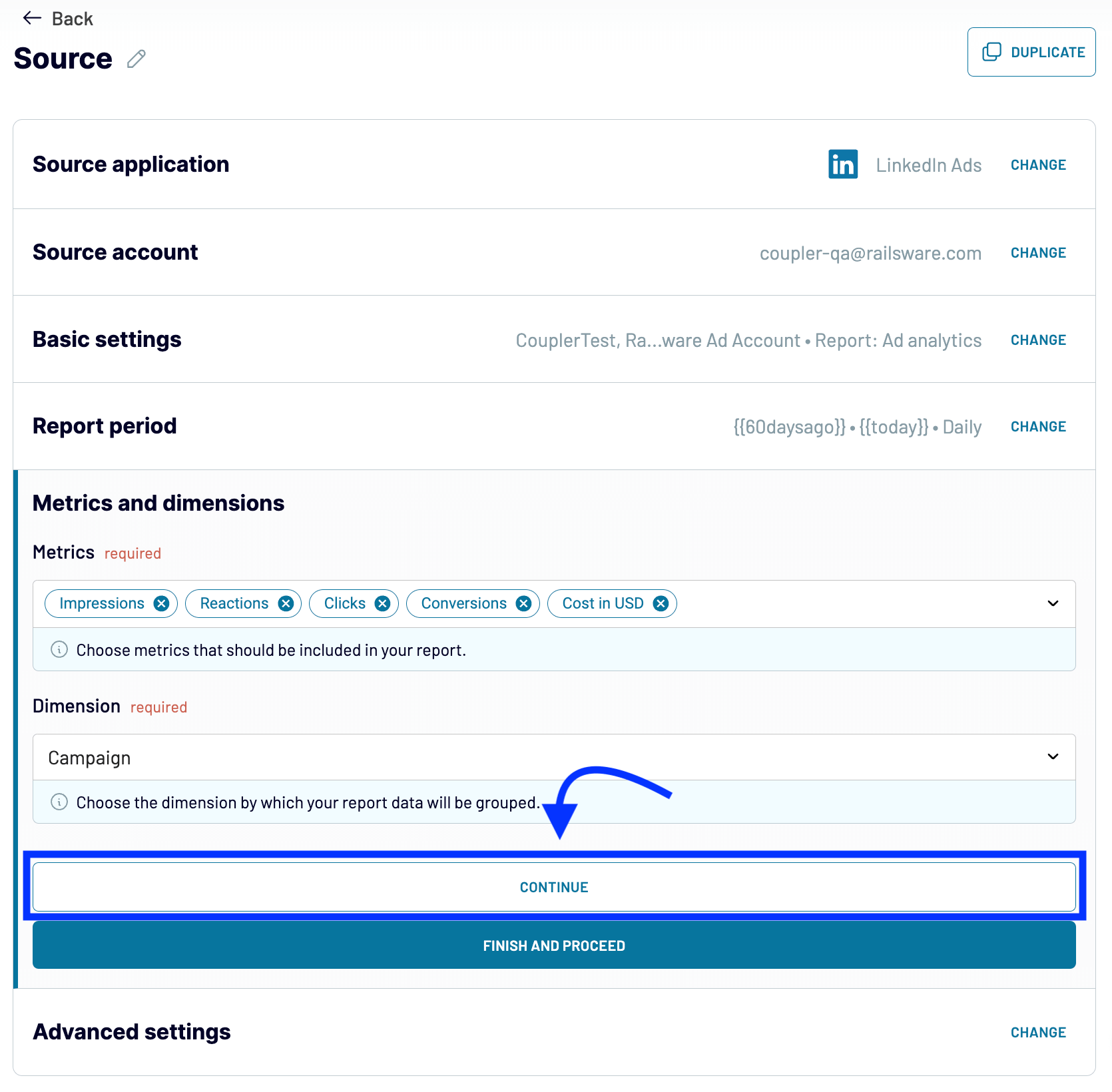 exportar la configuración de la fuente de datos de linkedin ads