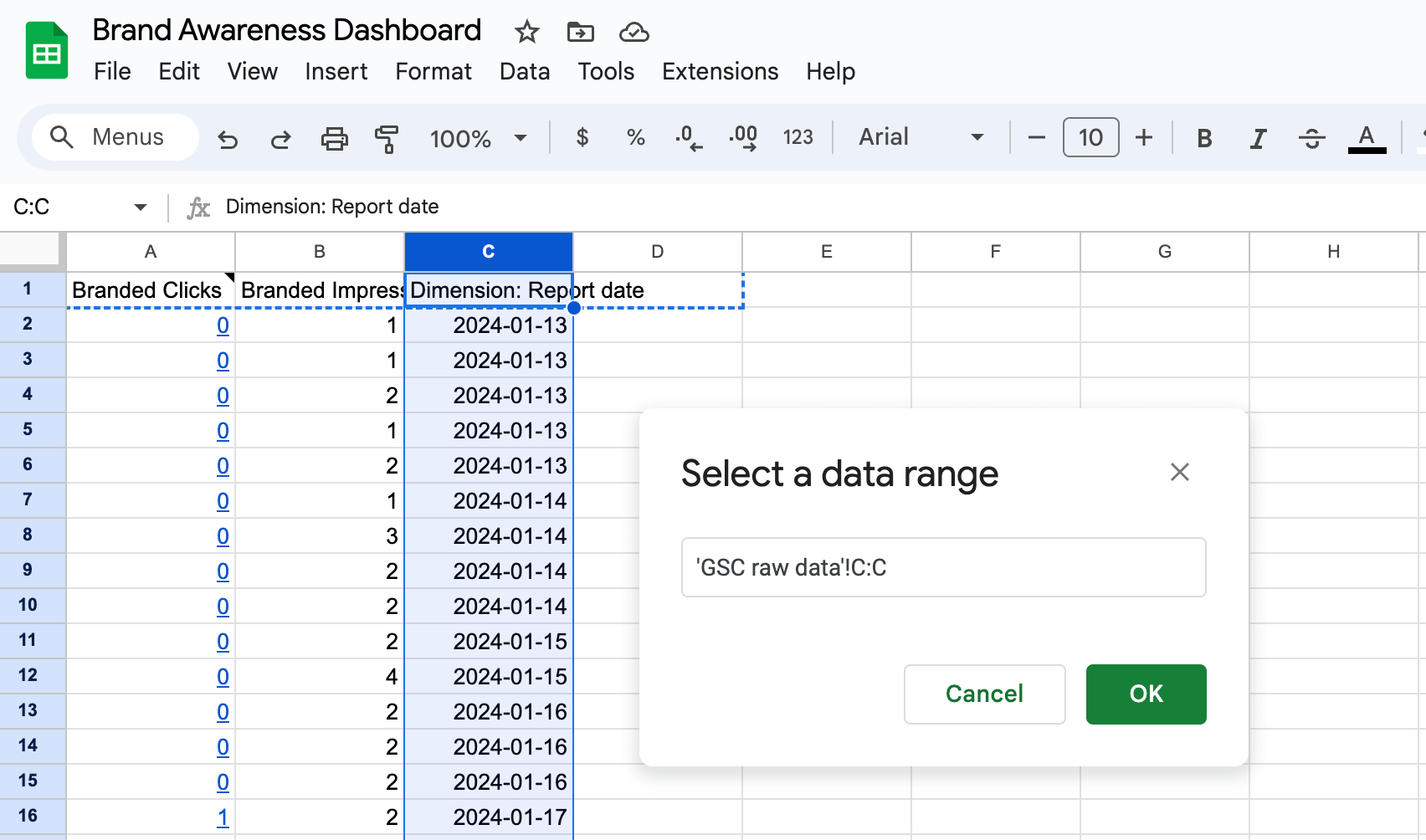 15. 16. Seleccionar el rango de datos. crear un cuadro de mando de notoriedad de marca en Google Sheets