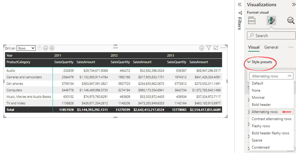 Figure 10. Formatting a Matrix visual