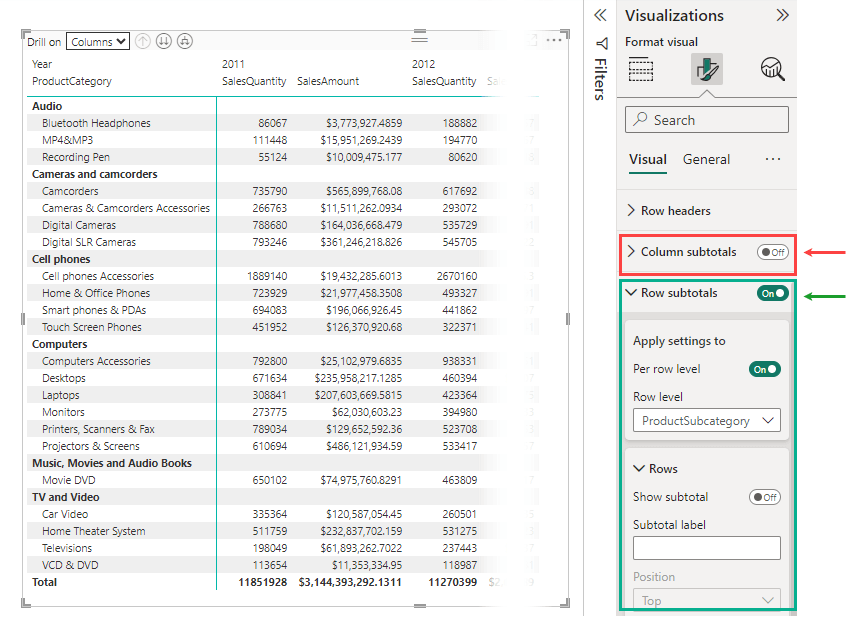Figure 8. The row and column subtotal options