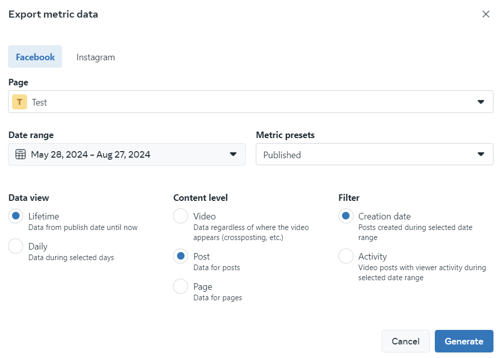exportation des données relatives au contenu de la page Facebook