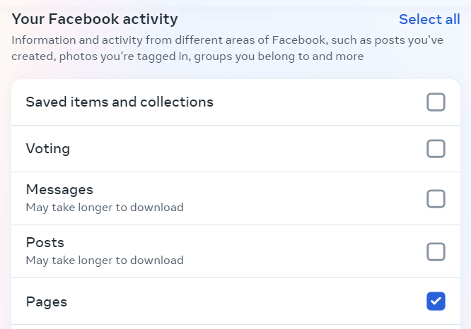 pages de données personnelles sur Facebook