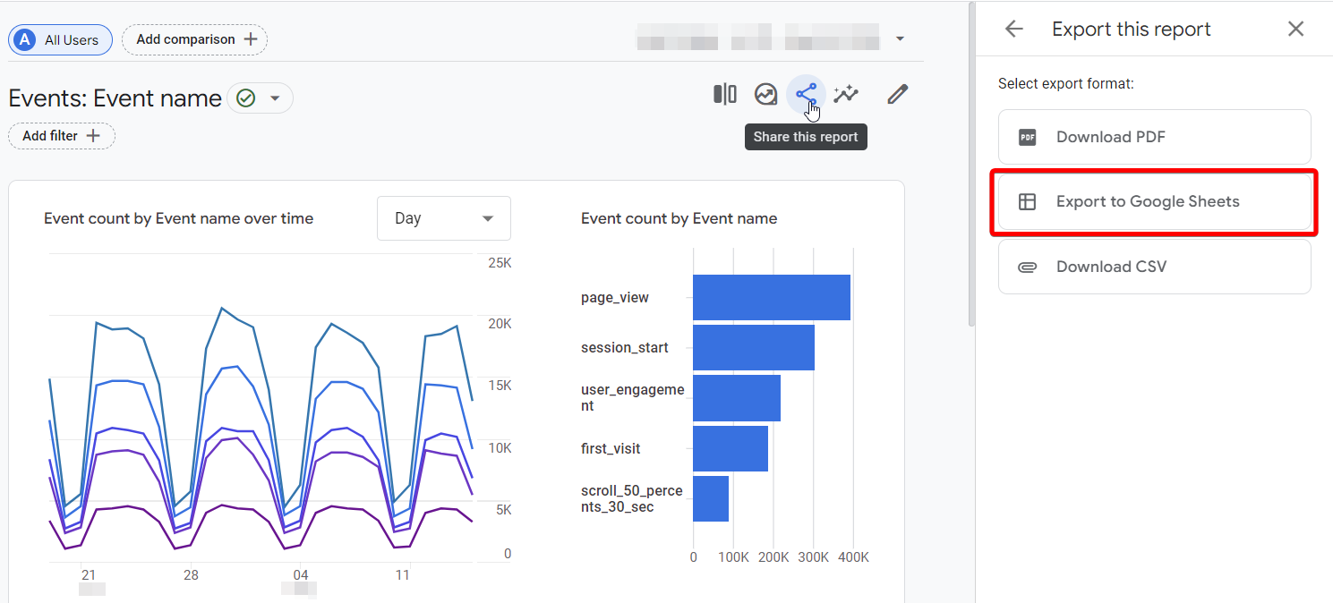 exportar informe google analytics google sheets