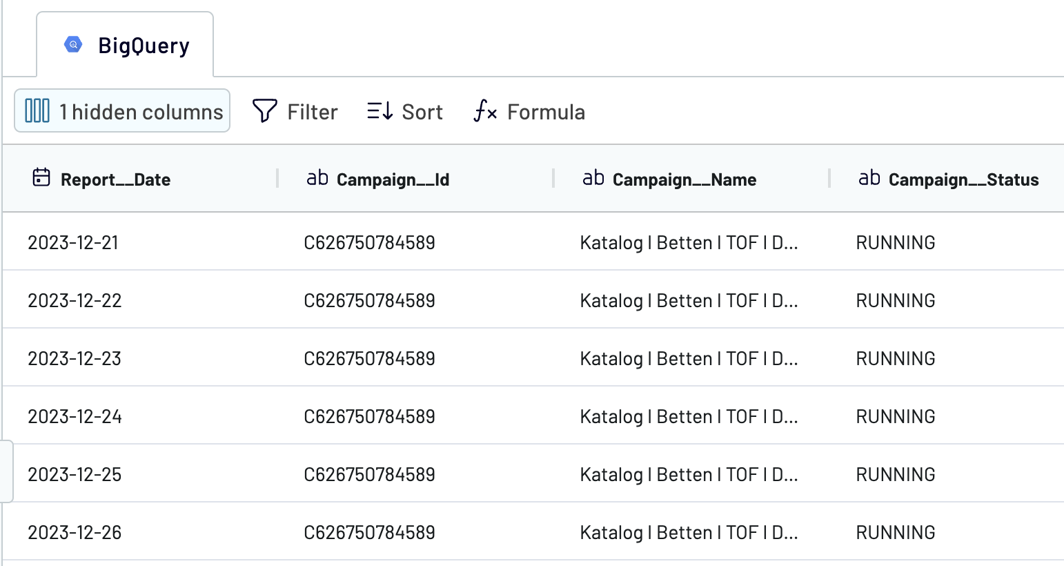 Consulta de transformación de BigQuery a Google Sheets