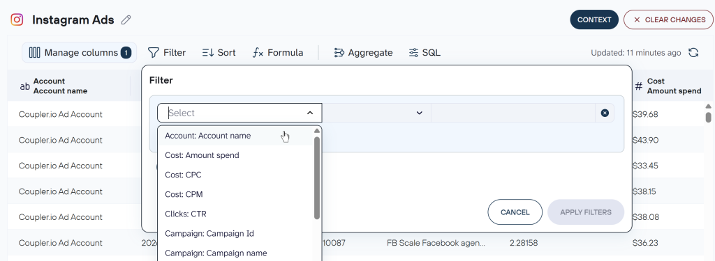 instagram ads data set coupler filter