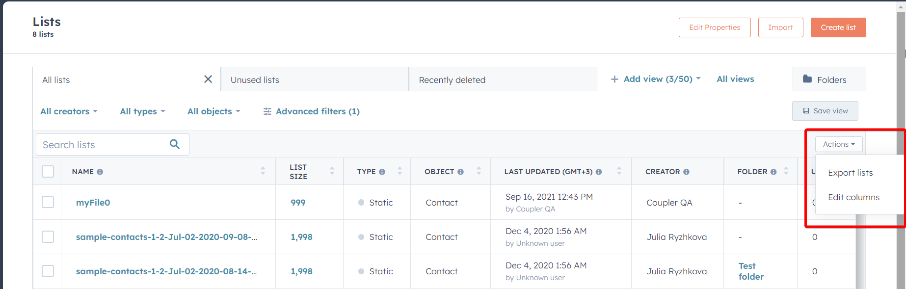 exporter la liste des contacts HubSpot