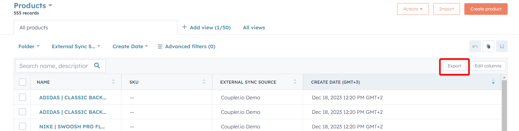 export hubspot products