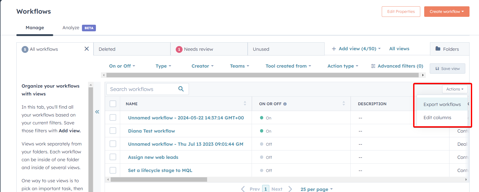 exporter les workflows HubSpot