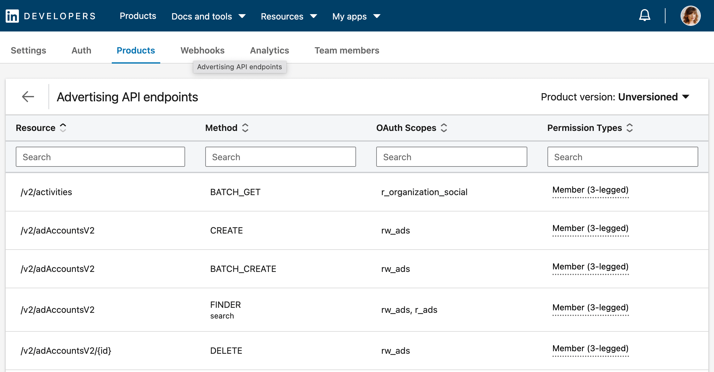 Puntos finales de la API de publicidad de LinkedIn 2