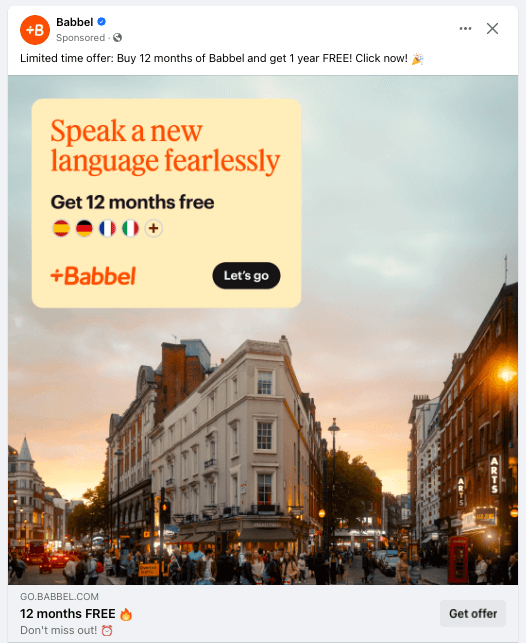 Imagen de un anuncio de Babbel en feacbook, que ofrece una oferta por tiempo limitado