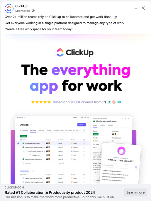 Imagen de una interfaz de ClickUp, mostrada en formato de anuncio de Facebook