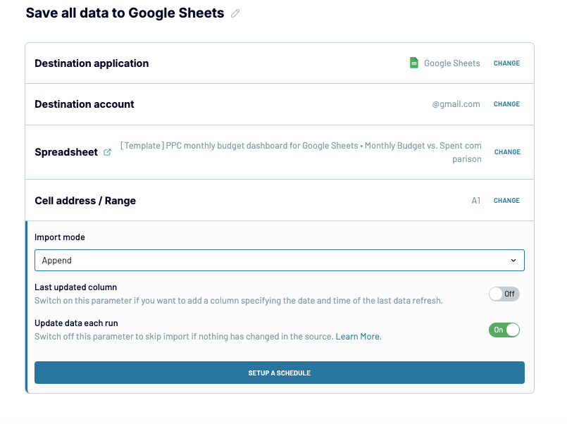 Destination Google Sheets