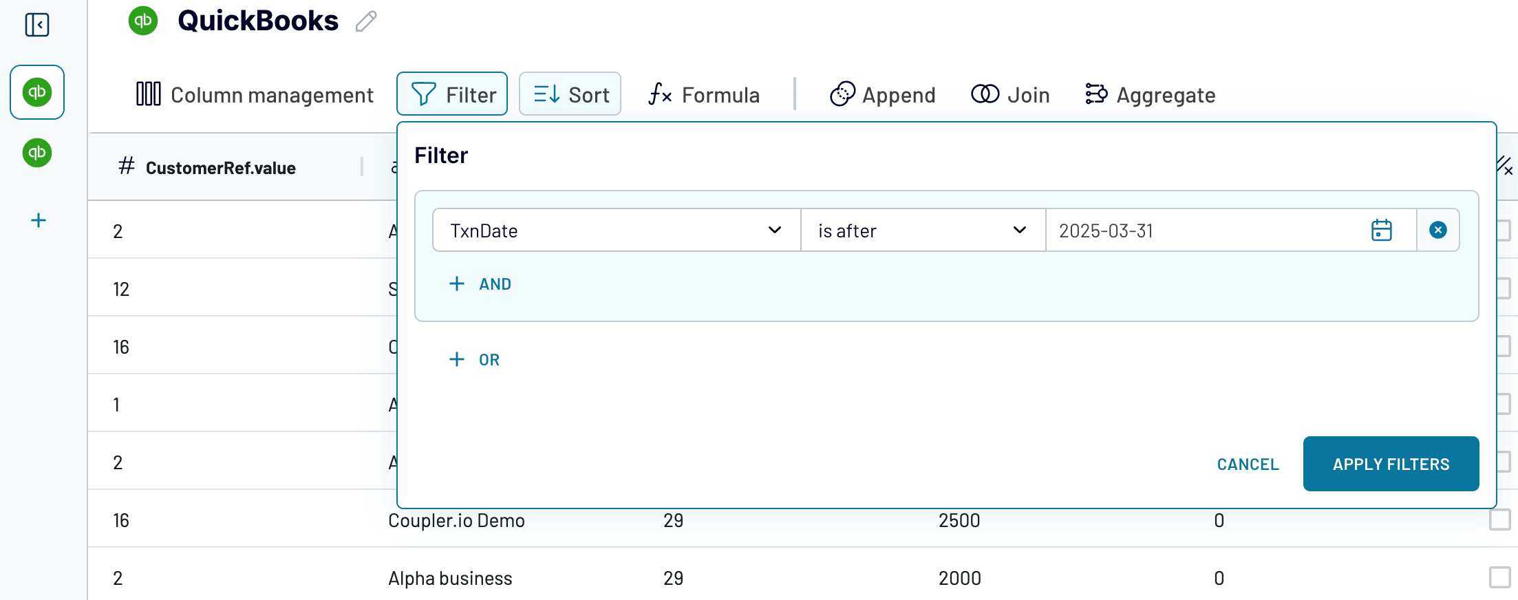 Filtrer les données de QuickBooks avec Coupler.io