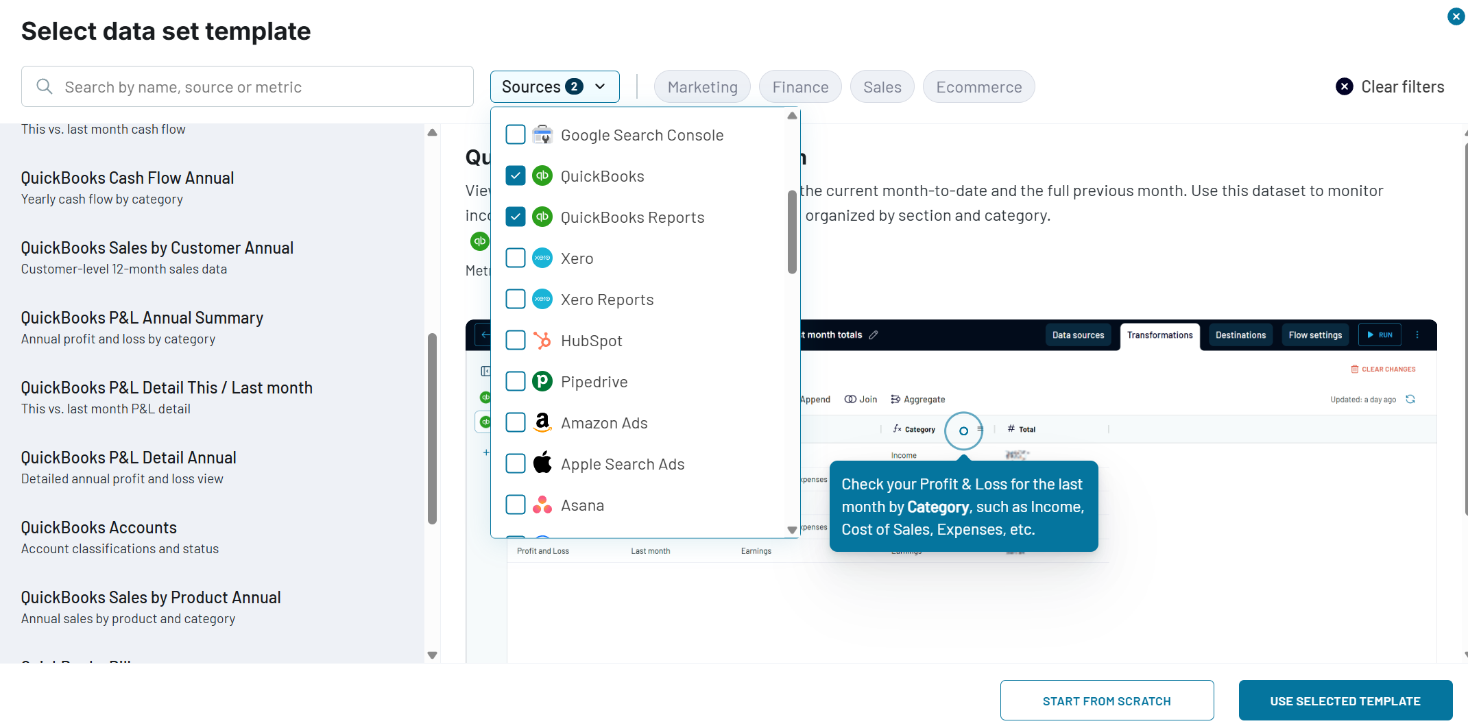modèle d'ensemble de données QuickBooks