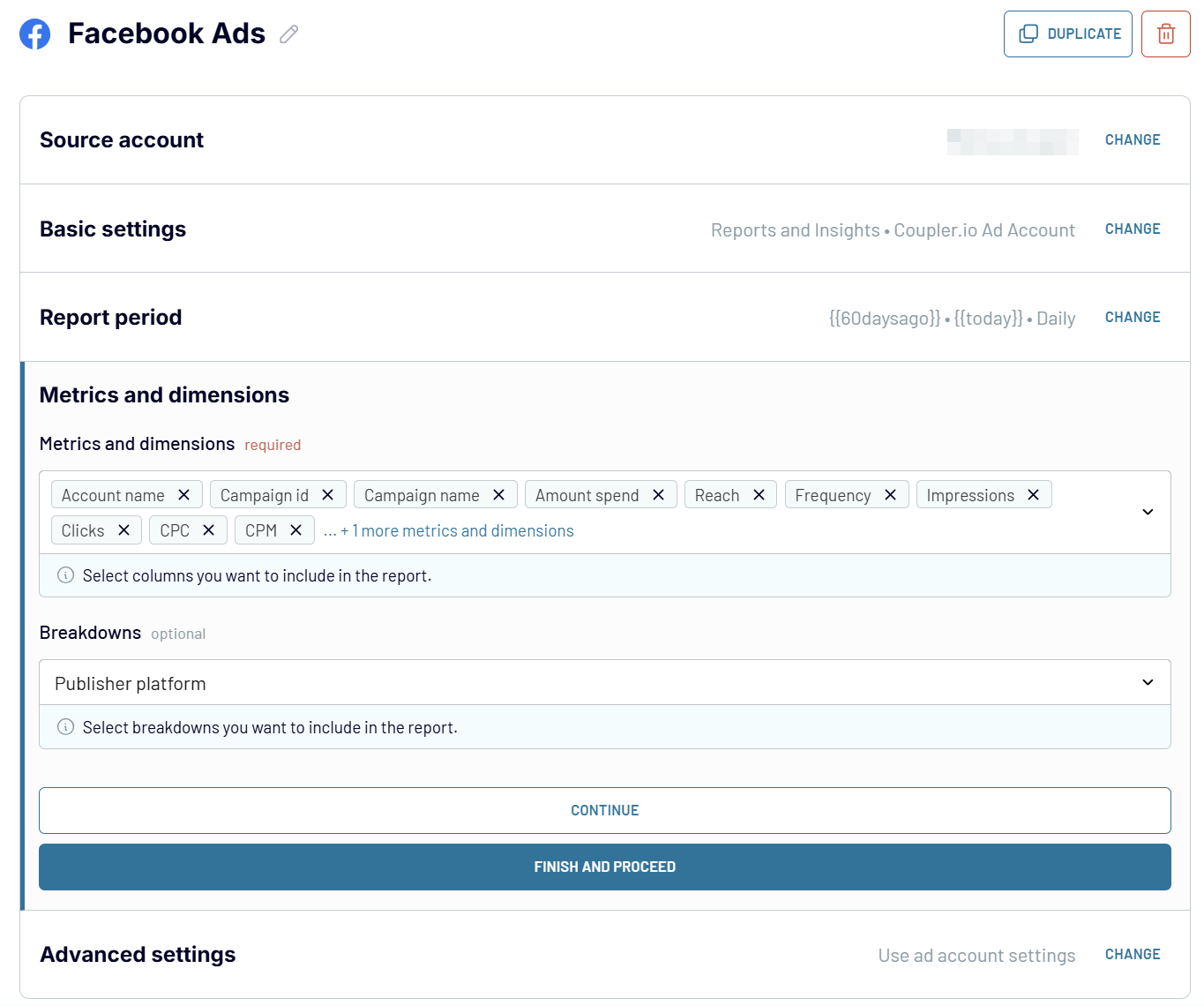Configuration de la source des Facebook Ads