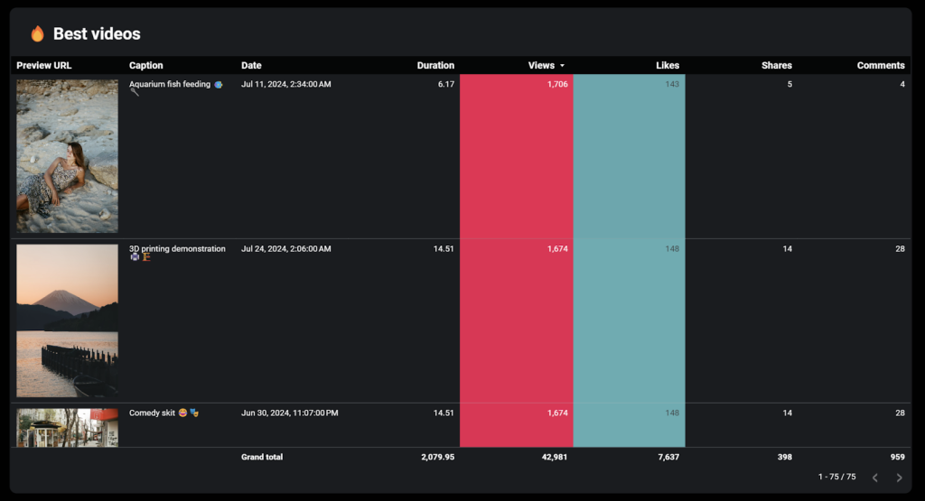 TikTok analytics dashboard - content performance