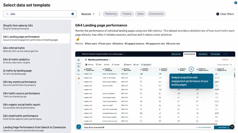 Coupler.io AI Integration Selecting a data set template