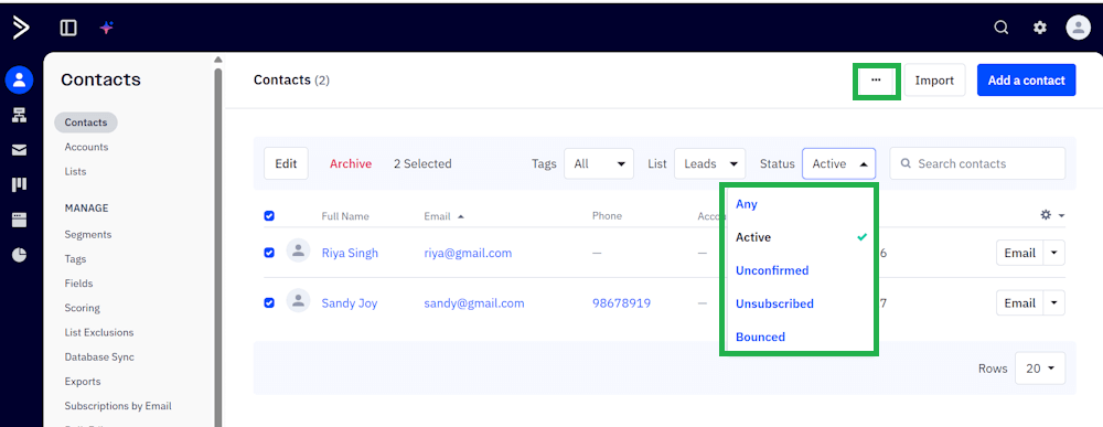 ActiveCampaign contact status filter ropdown