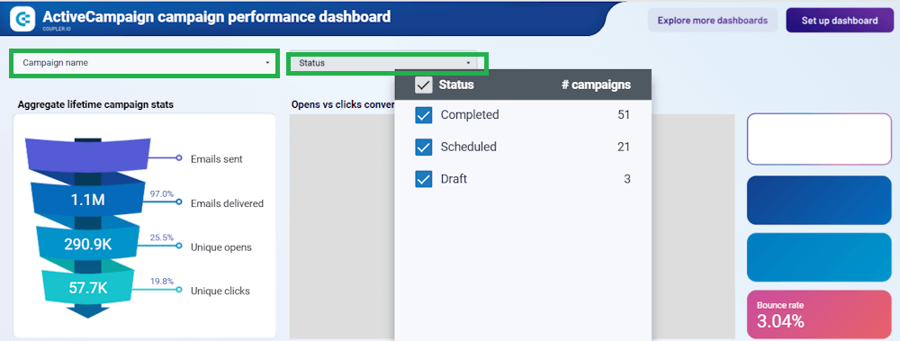ActiveCampaign campaign status filter in Coupler.io template