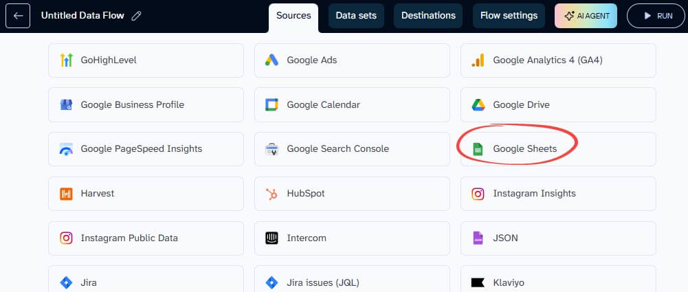 Selecting the Google Sheets data source