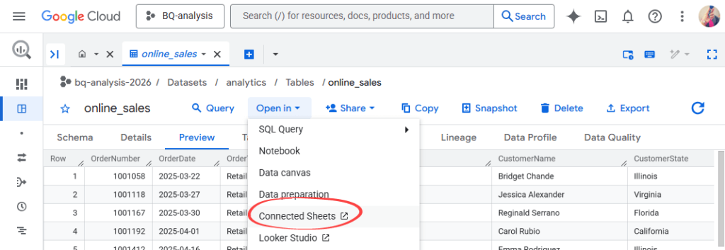 Opening BigQuery data in Connected Sheets