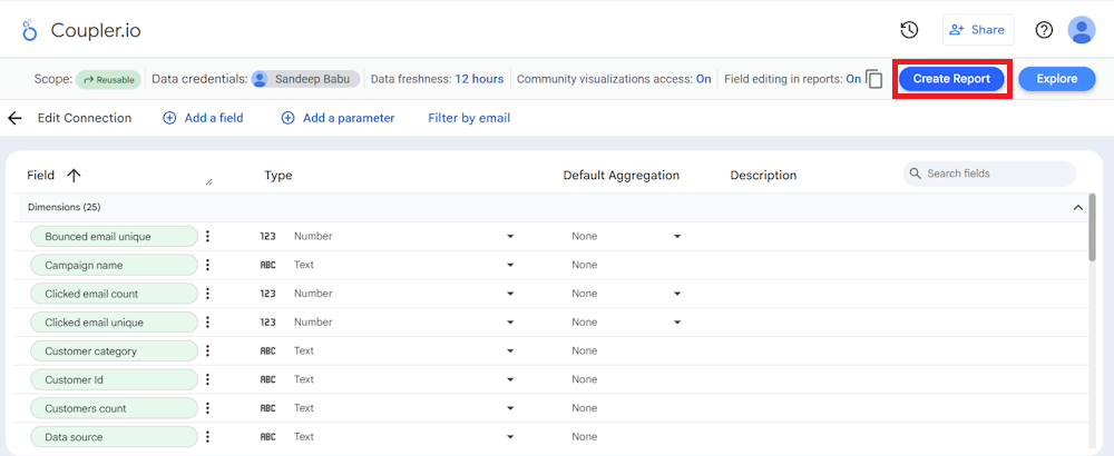 Coupler.io report creation interface