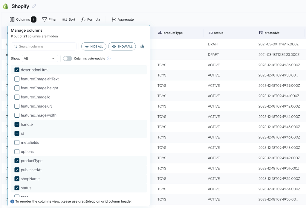 Data set (shopify)