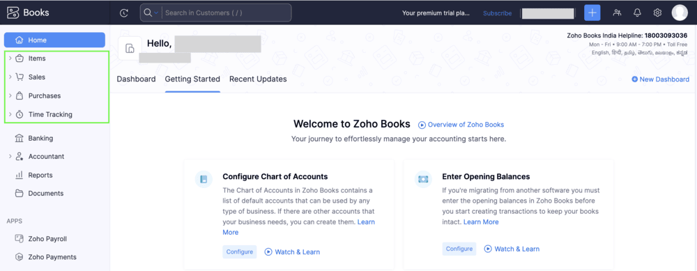 Zoho Books dashboard sidebar