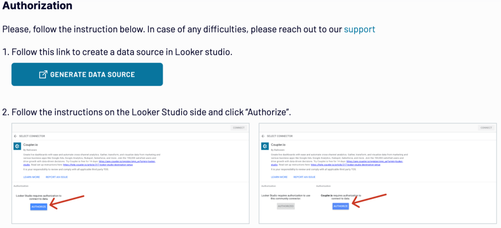 Generating a Looker Studio data source following Coupler.io in app instructions