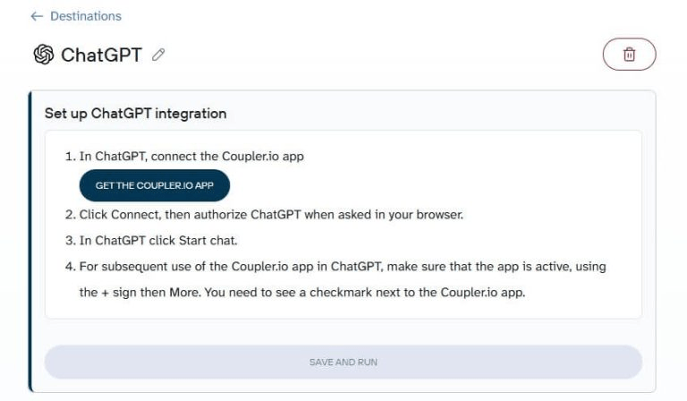choosing chatgpt as destination in coupler io