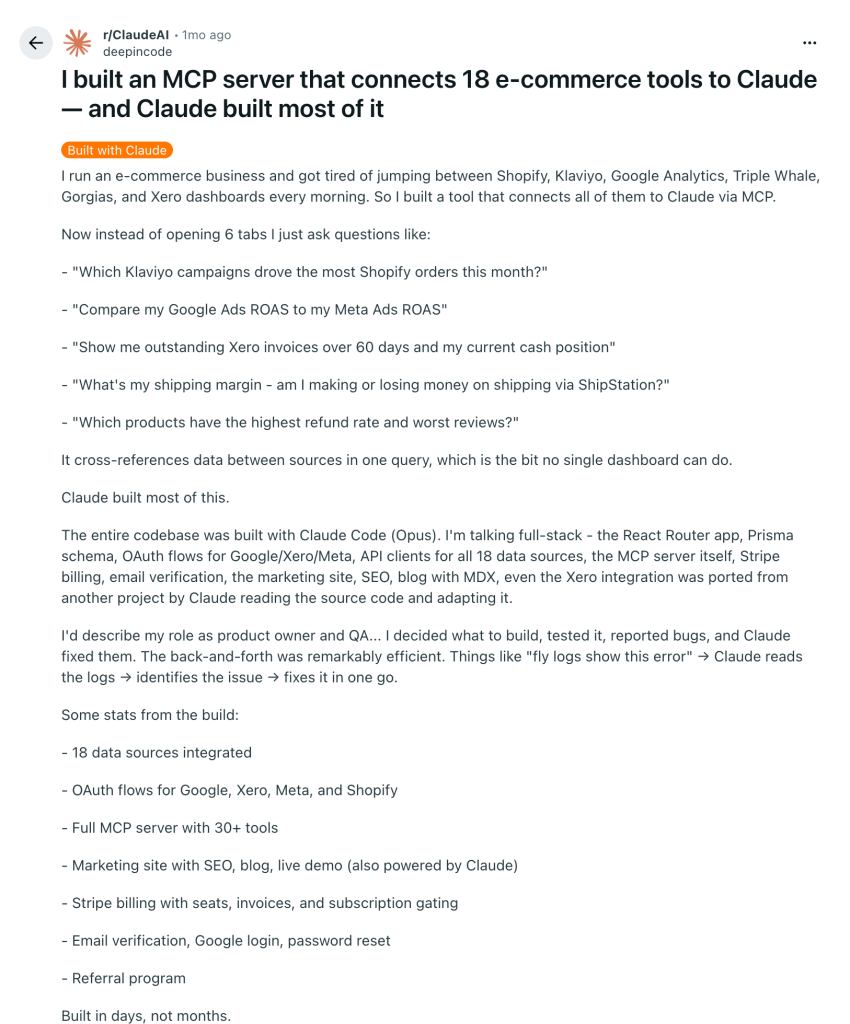 mcp server ecommerce dtc analytics claude reddit post