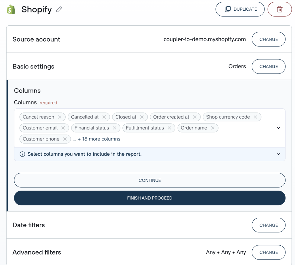 Coupler.io Connecting to Shopify Orders data