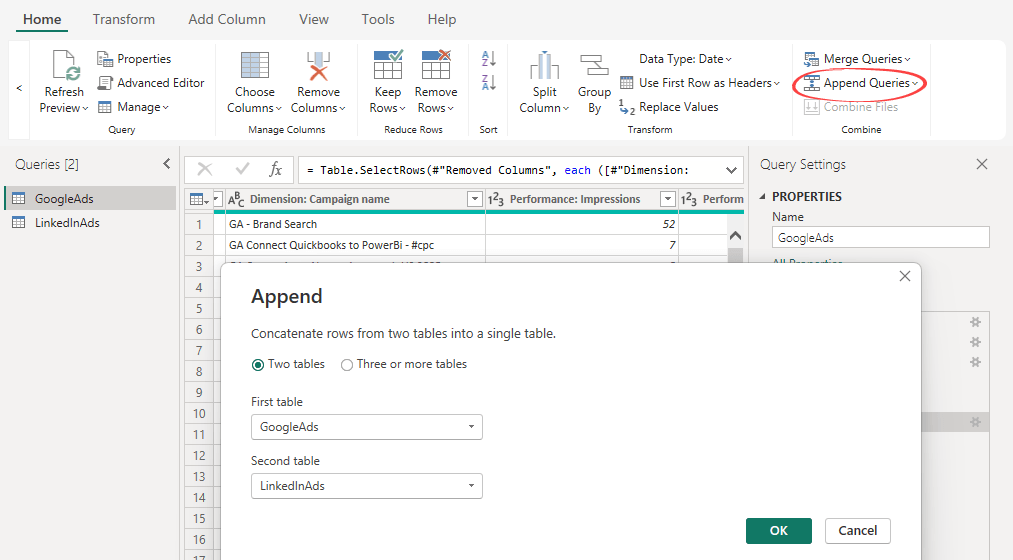 The Power Query Editor Append Queries