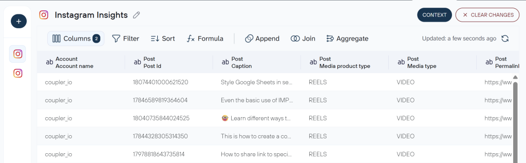instagram insights data set coupler