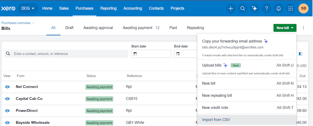 Bills manual export in Xero