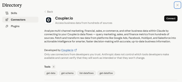 coupler.io connector page in claude
