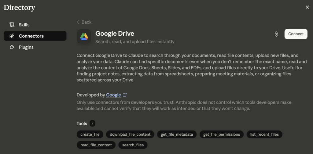 Google drive connector claude